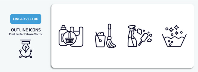 cleaning outline icons set. cleaning thin line icons pack included garbage cleanin, mop, cleaning tools, soak vector.