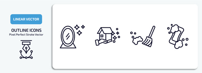 cleaning outline icons set. cleaning thin line icons pack included mirror cleanin, cleaning house, broom cleanin, hand soap vector.