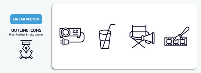 cinema collection. thin outline icons set. cinema collection. thin thin line icons pack included projector with plug, drink with straw, film director, animation vector.