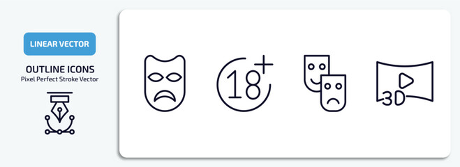 cinema outline icons set. cinema thin line icons pack included sad mask, plus 18 movie, movie theatre, 3d video vector.