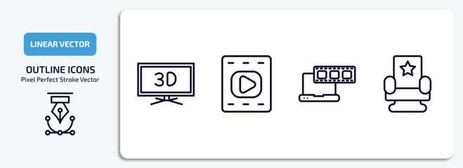 cinema outline icons set. cinema thin line icons pack included 3d television, film, laptop with film strip, cinema chair vector.