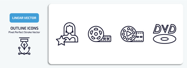 cinema outline icons set. cinema thin line icons pack included actress, big film roll, film reel playing, dvd vector.
