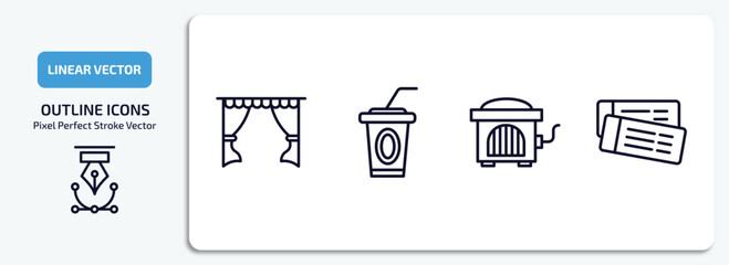 cinema outline icons set. cinema thin line icons pack included cinema curtains, papper cup with straw, hurdy gurdy, tickets vector.