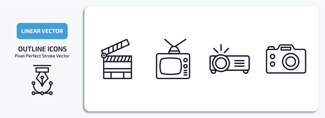 cinema outline icons set. cinema thin line icons pack included cinema clapperboard, television with antenna, image projector, dslr camera vector.