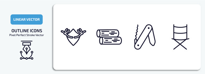 camping outline icons set. camping thin line icons pack included hunting trophy, firewood, swiss knife, folding chair vector.