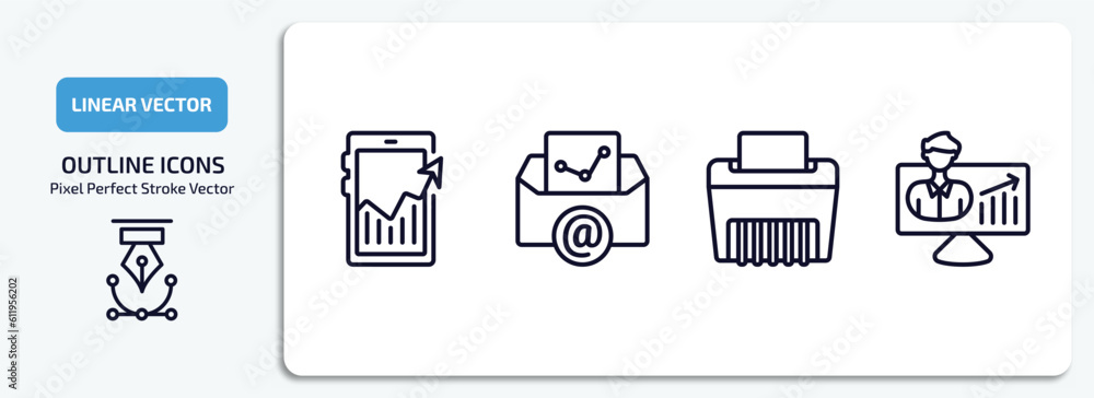 Poster business and analytics outline icons set. business and analytics thin line icons pack included mobil