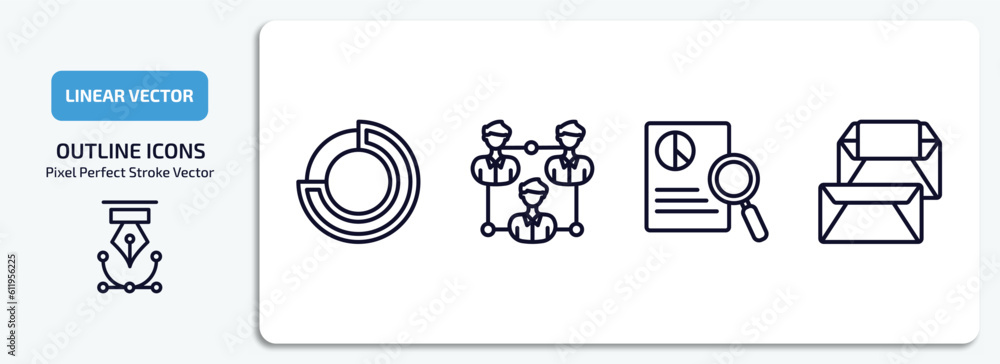 Poster business and analytics outline icons set. business and analytics thin line icons pack included round