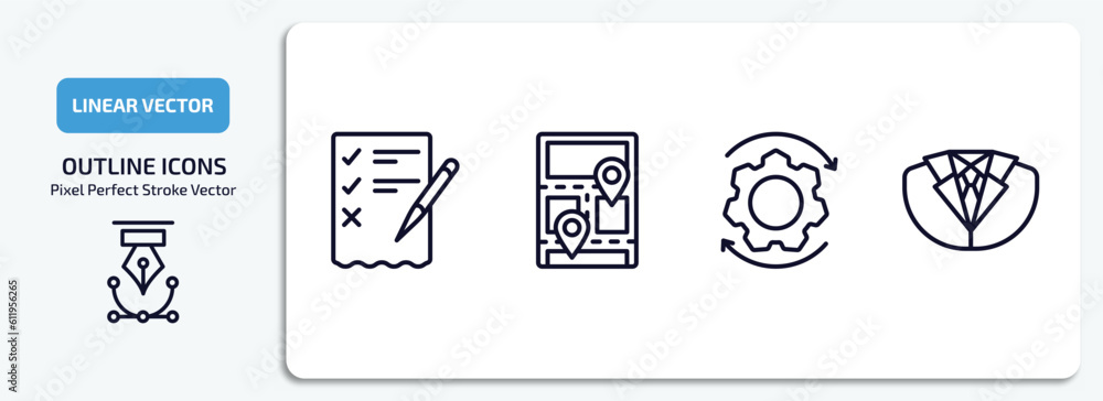Poster business and analytics outline icons set. business and analytics thin line icons pack included revis