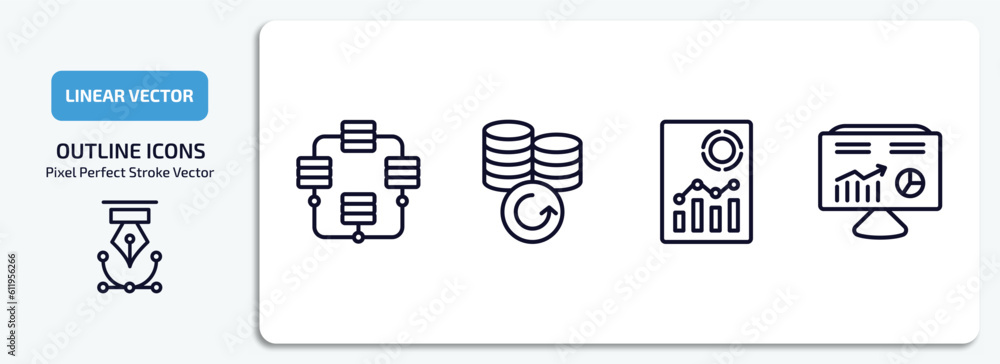 Poster business and finance outline icons set. business and finance thin line icons pack included database 