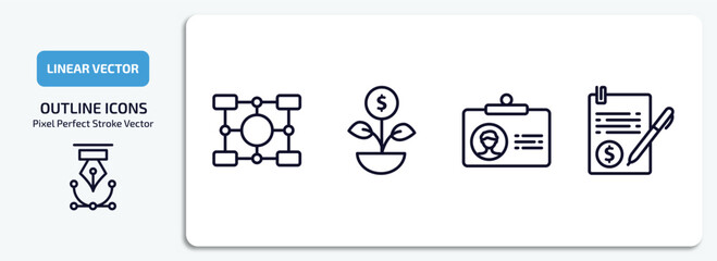 business outline icons set. business thin line icons pack included item interconnections, money investment, color business card, bailment vector.