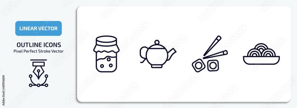 Wall mural bistro and restaurant outline icons set. bistro and restaurant thin line icons pack included jar full of food, vintage teapot, sushi piece, plate of spaghetti vector.