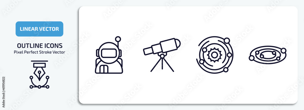 Poster astronomy outline icons set. astronomy thin line icons pack included astronaut user, telescope point