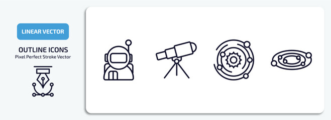 astronomy outline icons set. astronomy thin line icons pack included astronaut user, telescope pointing up, galaxy, galaxy view vector.