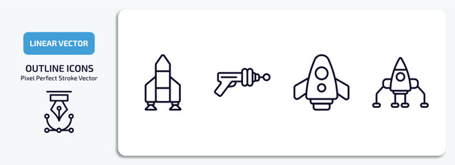 astronomy outline icons set. astronomy thin line icons pack included launching shuttle, gun blaster, space shuttle, space lander vector. © Farahim