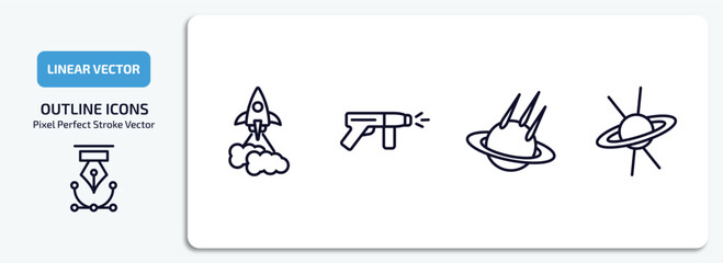 Fototapeta premium astronomy outline icons set. astronomy thin line icons pack included liftoff, laser gun, space collision, quasar vector.