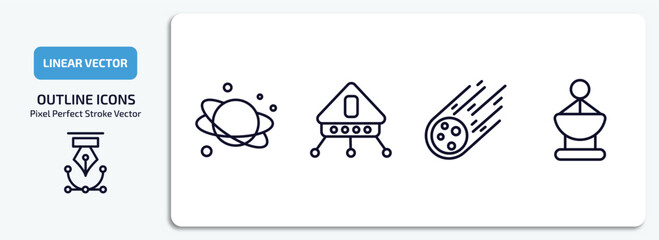 astronomy outline icons set. astronomy thin line icons pack included planet, lander, meteorite falling, radar pointing up vector. © Farahim
