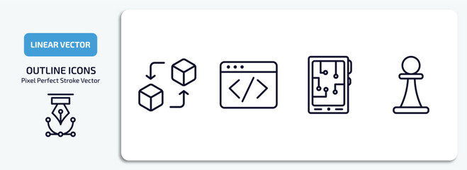 artificial intellegence outline icons set. artificial intellegence thin line icons pack included replacement, code, mobile flexible display, chess vector.