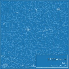 Blueprint US city map of Hillsboro, Ohio.