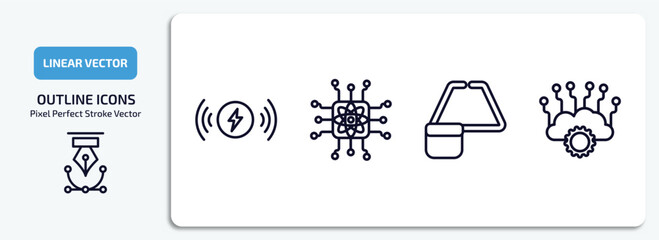 artificial intellegence outline icons set. artificial intellegence thin line icons pack included wireless charging, quantum computing, ar monocle, cloud intelligence vector.