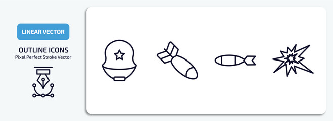 army and war outline icons set. army and war thin line icons pack included military helmet, airplane bomb, torpedo, explosion vector.
