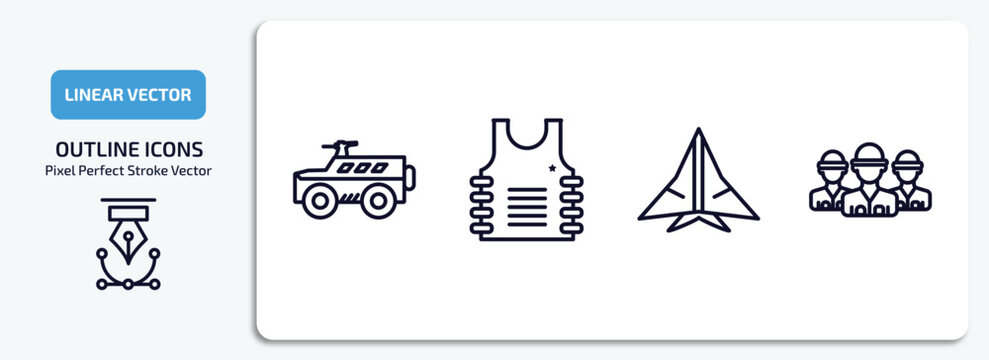 army and war outline icons set. army and war thin line icons pack included armored vehicle, bulletproof, stealth, brigade vector.