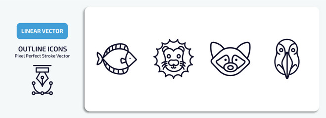 animals outline icons set. animals thin line icons pack included flounder, lion head, raccoon, deadlock vector.