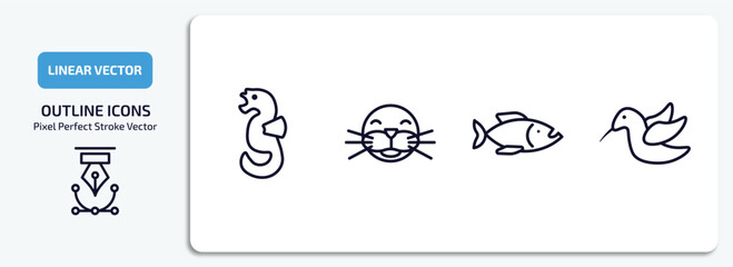 animals outline icons set. animals thin line icons pack included seahorse, seal, piranha, colibri vector.