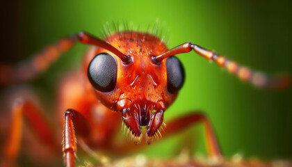 Extreme close up of Red ant on the soil ground and leaf background. Animal and insect concept. Generative AI