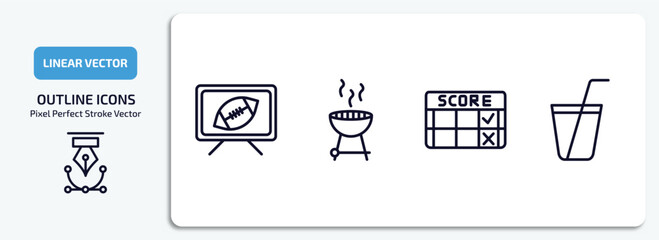 american football outline icons set. american football thin line icons pack included football tv program, with wheels, score, soda drink vector.