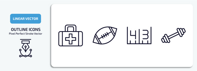 american football outline icons set. american football thin line icons pack included first aid kit, american football ball, yard marking, barbell vector.