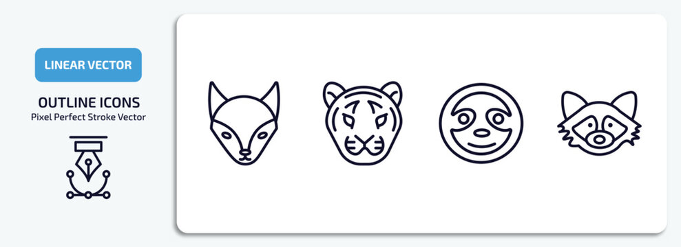 animals outline icons set. animals thin line icons pack included fox, tiger, sloth, racoon vector.