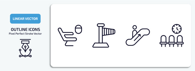 airport terminal outline icons set. airport terminal thin line icons pack included airplane seat, right wing, or up, waiting place vector.