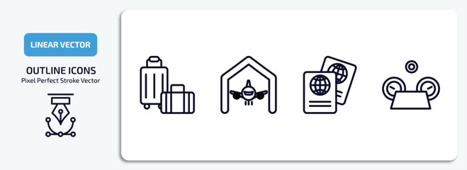 airport terminal outline icons set. airport terminal thin line icons pack included trip luggage, hangar, two passports, flight panel vector.