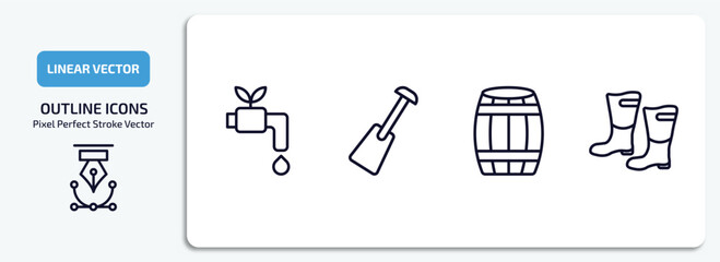 agriculture farming outline icons set. agriculture farming thin line icons pack included irrigation, digging bar, barrell, farmer boots vector.
