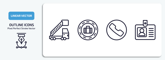 airport terminal outline icons set. airport terminal thin line icons pack included gangway truck, stamp for passports, telephone, identification badge vector.