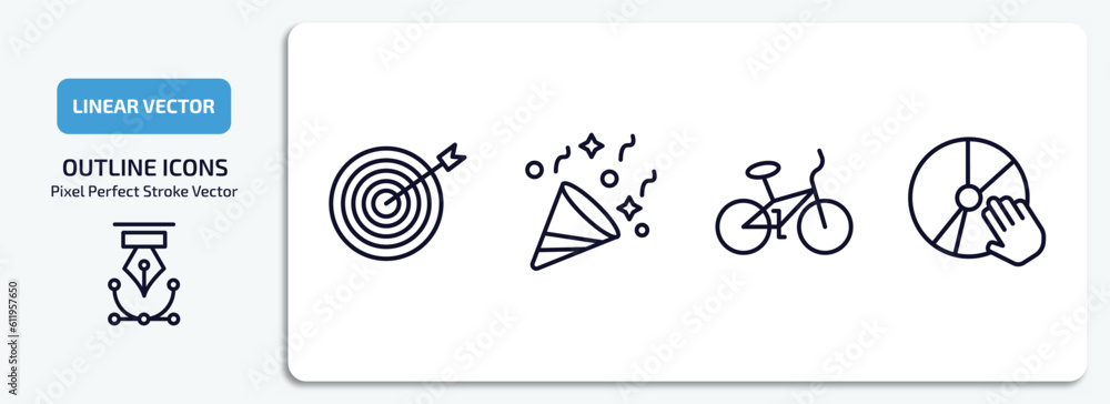 Poster activity and hobbies outline icons set. activity and hobbies thin line icons pack included dartboard