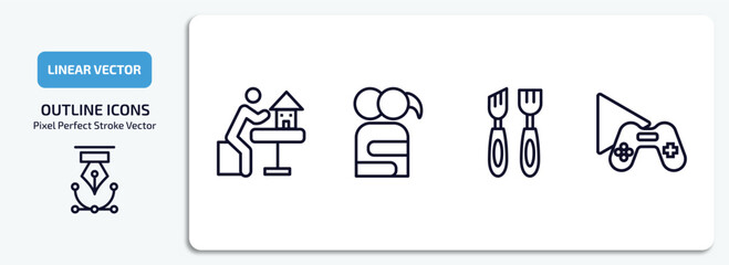 activity and hobbies outline icons set. activity and hobbies thin line icons pack included model building, couple huging, wood carving, game playing vector.