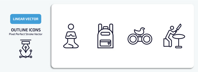 activity and hobbies outline icons set. activity and hobbies thin line icons pack included meditating, backpacks, bird watching, knife making vector.