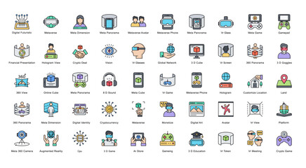 Metaverse Line Color Iconset VR AR Futuristic Filled Outline Icon Bundle