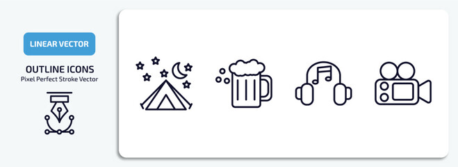 activity and hobbies outline icons set. activity and hobbies thin line icons pack included camp, brewing, listening music, film making vector.