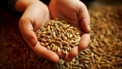 Handful of wheat seeds in farmer's hand with Generative AI.