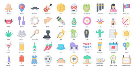 Mexico Flat Icons Country Icon Set in Color Style 50 Vector Icons