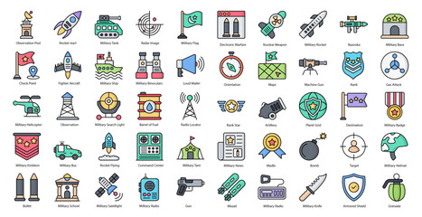 Military Line Color Icons Army Soldier Iconset in Filled Outline Style 50 Vector Icons 