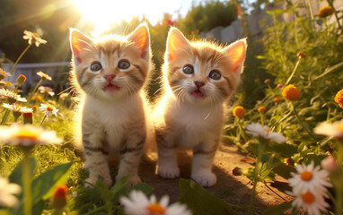 Two kittens laughing.Go for a leisurely walk in a garden adorned with flowers. Admire the cute smile of a baby cat.   Generative AI