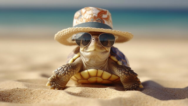 a baby turtle wearing oversized shell - shaped sunglasses and a fashionable hat with Generative AI.