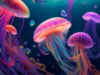 Fototapeta premium Colorful jellyfish under the sea, Generative AI Illustration.