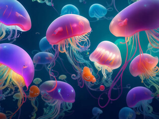 Naklejka premium Colorful jellyfish under the sea, Generative AI Illustration.