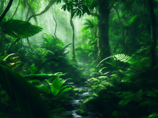 Obraz premium Green beautifull jungle background, Generative AI Illustration.