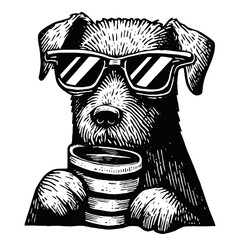 dog wearing sunglasses with a cup sketch - obrazy, fototapety, plakaty