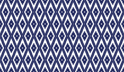 Geometric ethnic ikat pattern design. Tribal Art classic blue and white colors. Abstrack background. Vector illustration.